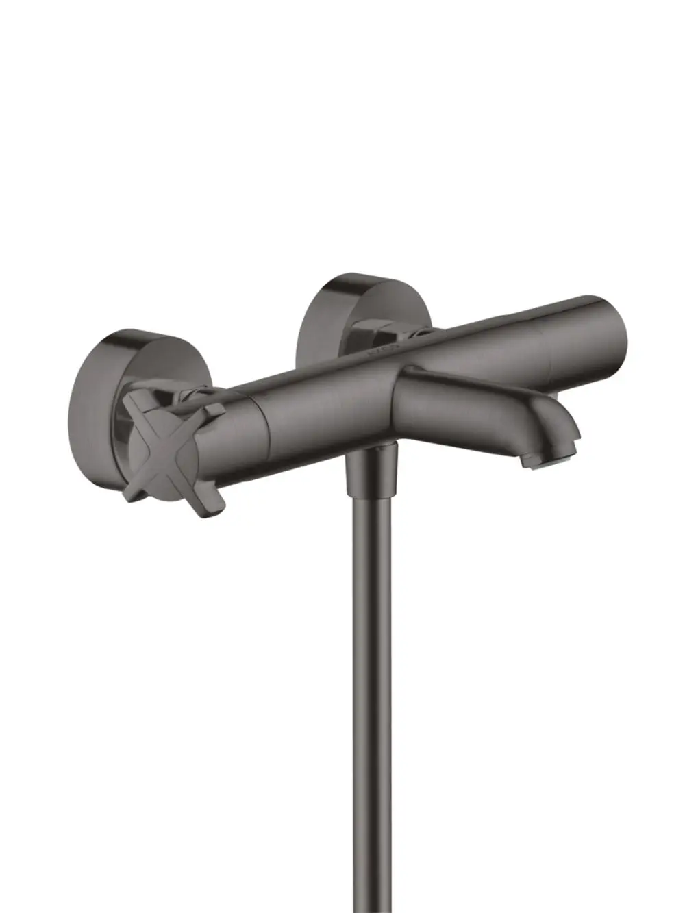 Wandmontierter Thermostat mit zwei Steuergriffen und einem Auslauf. Oberfläche in gebürstetem schwarzem Chrom, hergestellt von AXOR.